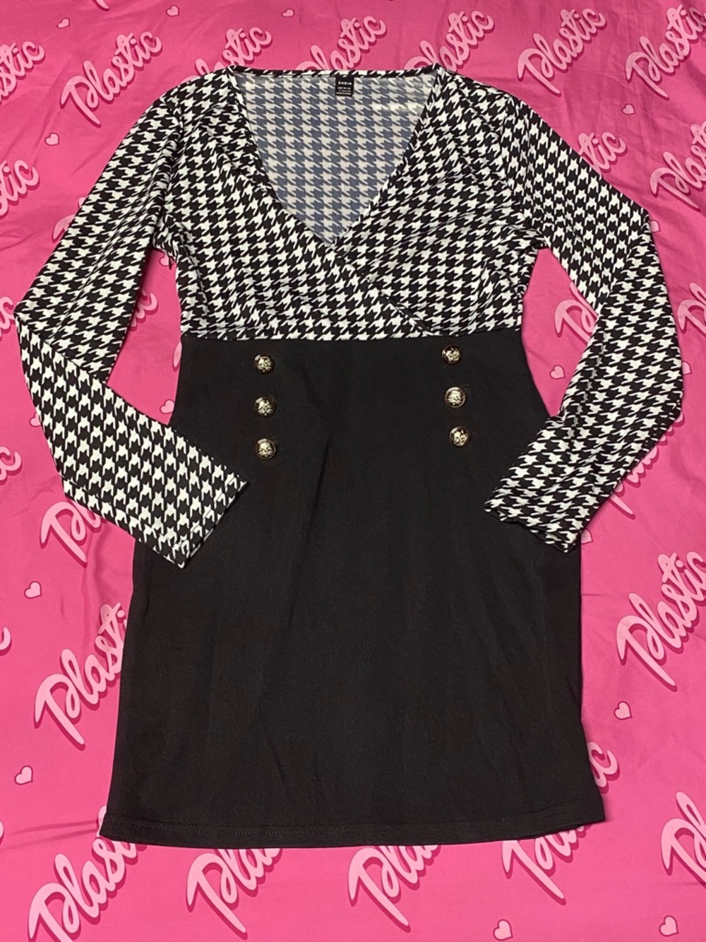 NWOT SHEIN Professional Office Work Suit Houndstooth Button Long Sleeve Dress